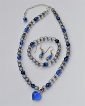 Handcrafted Blue Necklace Earring Set Silver Pendant Fire polished Czech glass - £15.87 GBP