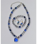 Handcrafted Blue Necklace Earring Set Silver Pendant Fire polished Czech... - $19.80