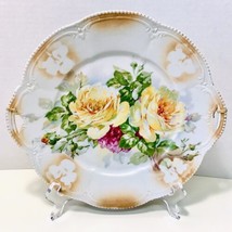 Antique Germany Yellow &amp; Pink Roses Porcelain Lusterware Serving Cake Plate - $39.95