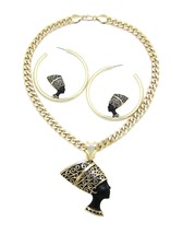 Women&#39;s Gold-Plated Egyptian Queen Nefertiti Necklace &amp; Hoop Earring Set - £18.70 GBP