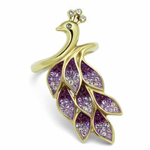 Golden Peacock Purple Crystal Ring Gold Plated Stainless Steel TK316 - $22.00