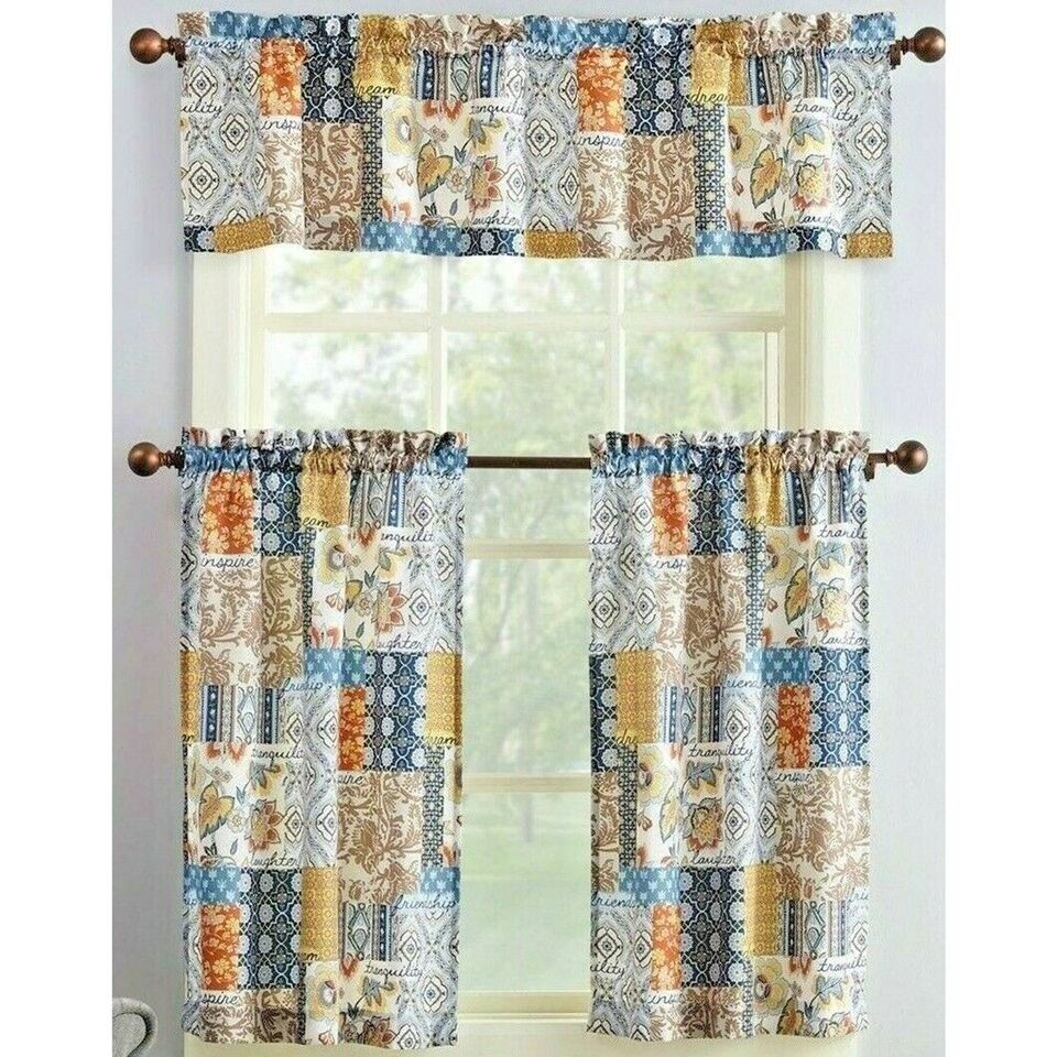 Amelia Patchwork Kitchen Curtain and Valance MIcrofiber Navy Blue Tan Spice NEW - $19.35