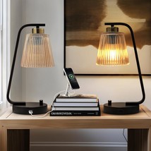 Bedside Table Lamps Set Of 2, Amber Glass Lamps For Bedroom With Usb Port, Vinta - £94.11 GBP