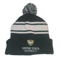 Wayne State University Green White Stripe Faux Pom Winter Beanie Hat Cap - $10.23