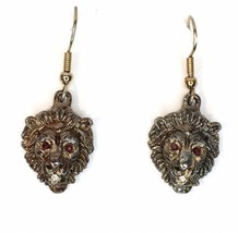 Brutalist Style Lion Head Earrings Red Rhinestone Eyes Pierced Dangle Drop - £10.78 GBP