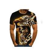  Leopard &amp; Skull Scary T-Shirt   Black &amp; Gold Crew Neck Short Sleeve Tee - $370.44 MXN
