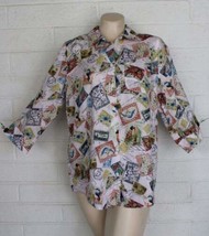 Chico&#39;s Size 1 M Linen Off White Colorful Bird Butterfly Stamps Button Front Top - £14.33 GBP