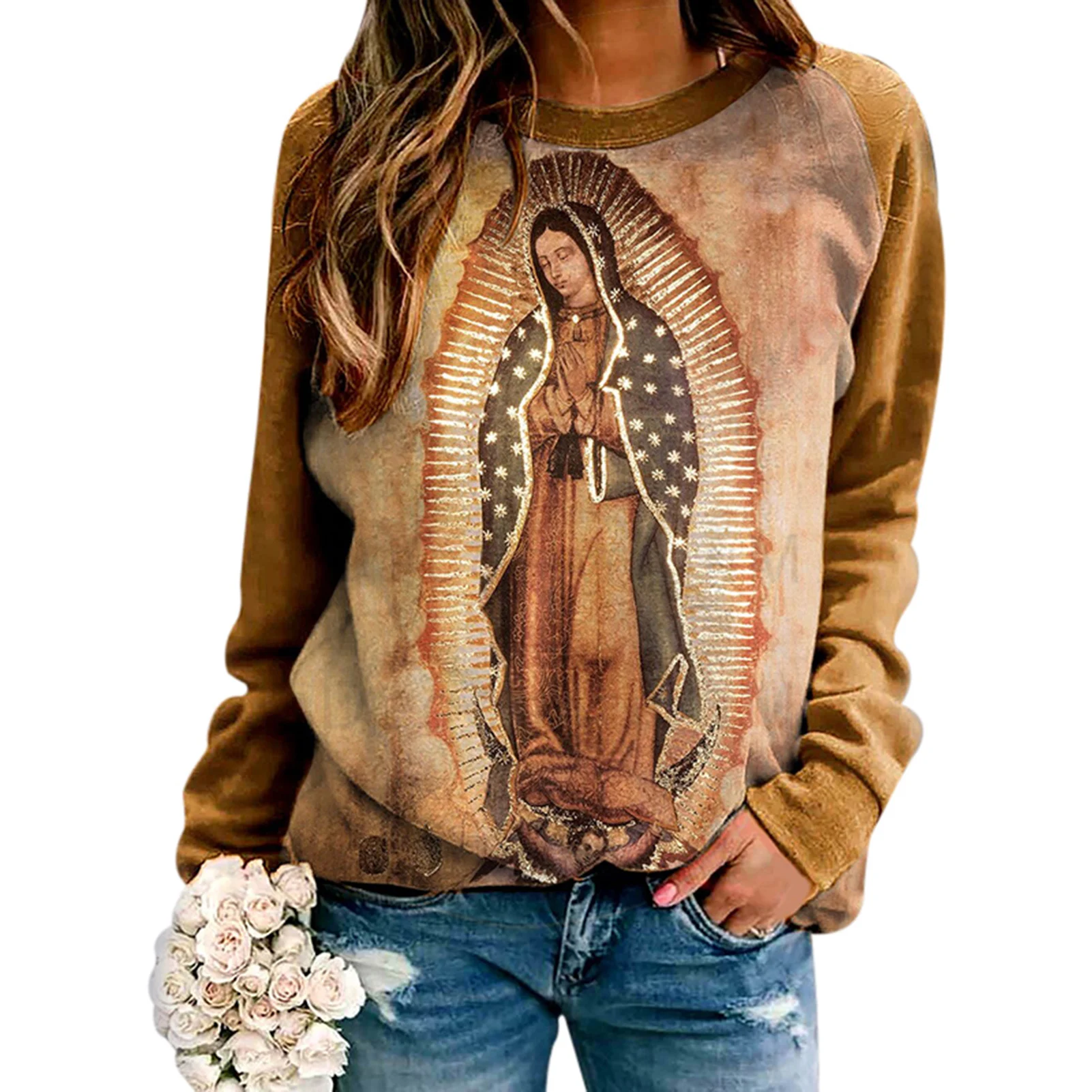 Women&#39;s Long Sleeve Top Fashion   Of Our Lady Guadalupe Virgin Mary Print Skin-f - £77.17 GBP