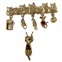 Lot of 2 AJC Cat Bar Pin w/ Charms &amp; SP Cat Necklace w/ Moving Head Tail - £15.41 GBP