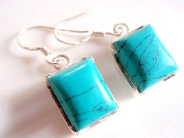 Four-Pronged Turquoise Rectangle Earrings 925 Sterling Silver Dangle New - £12.91 GBP