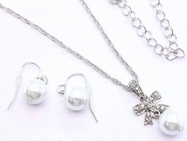 White pearl prendant bridal wedding bridesmaids necklace set rhinesotne accents - $9.89