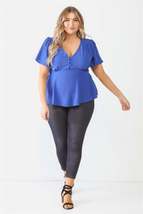 Royal Blue Plus Size Button Up V Neck Short Sleeve Flare Top - £9.62 GBP