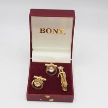 Cufflink Set w/ Tie Bar Mens Mid Century Design Gold Tone - $29.69