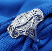 Earth mined Diamond Deco Engagement Ring Antique Platinum Filigree Statement - $4,913.68 CAD