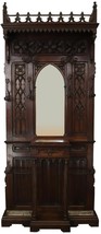 Hall Tree Antique French Gothic Carved Walnut Marble Arch Mirror Iron Coat Rack - £3,374.54 GBP