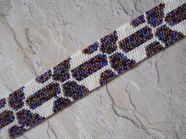 Bracelet: Blue/Gold Mix &amp; White Geometric Motif, Peyote Stitch, Tube Clasp - £29.29 GBP