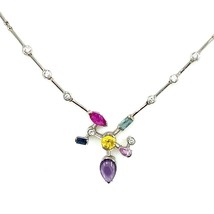 Vintage Signed Sterling Multi Gemstone and CZ Bar Link Chain Necklace size 16 - £67.26 GBP