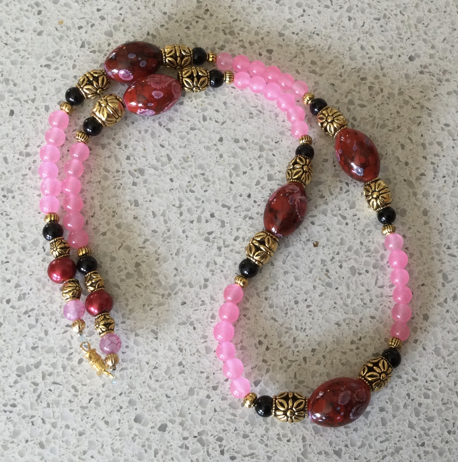 Primary image for Elegant Red, Pink & Gold Oriental Cherry Blossoms Style 22inch Beaded Necklace