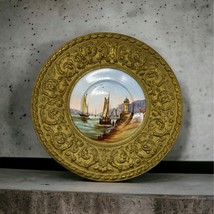Antique Bronze Embossed Frame Oil Painting Fishing Boat LIghthouse 16&quot; diameter - £235.43 GBP