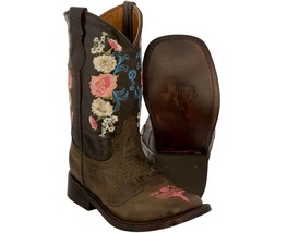 Girls Kids Brown Floral Embroidery Stitched Genuine Leather Western Cowb... - £43.90 GBP