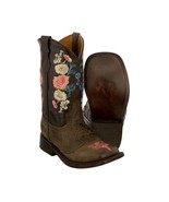 Girls Kids Brown Floral Embroidery Stitched Genuine Leather Western Cowb... - £43.94 GBP