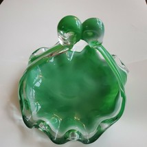 Vintage Green Depression Glass Unique Curved Swirl Candy Dish w/Handle 8 x 7 x 6 - £30.01 GBP