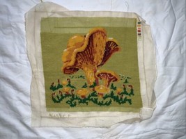 Vintage Needlepoint Mushrooms Green Orange 12x12 Unfinished Incomplete - £19.77 GBP