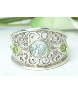 Sky Blue Topaz and Peridot Oxidized Band Sterling Silver Ring Size 7 - £30.56 GBP