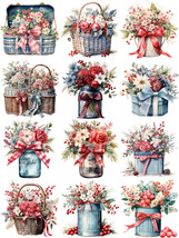 12Pcs Flower Basket Stickers Set Floral Rustic Scrapbook Journal Embelli... - £5.78 GBP