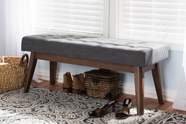 Louis Walnut Wood Dark Gray Fabric Button-Tufted Bench - $232.00