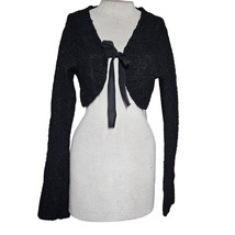 Black Metallic Knit Cropped Cardigan Sweater Size Medium - £19.75 GBP