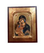 5" Virgin Mary Theotokos Holding Jesus Gold Leaning Traditional Orthodox Icon - $14.59