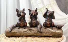 Rustic See Hear Speak No Evil Sly Foxes Squatting On Driftwood Log Statue 12&quot;L - £27.25 GBP