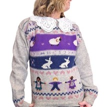 Womens Farm M/L Cottage Core Sweater Wool Blend Rabbits Sheep Folklore 9... - £45.42 GBP