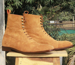 Men&#39;s Handmade Tan Color Suede Cap Toe Lace up Ankle Fashion Dress Boots - £128.58 GBP+