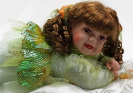 Porcelain Brown Hair Crawling Fairy Baby 22&quot; Green Dress Silk Blanket - £27.62 GBP