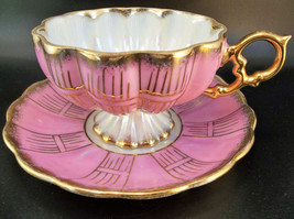 Vintage Royal Sealy Hand Painted Footed Tea Cup Saucer Luster Pink Gilded Japan - £23.68 GBP