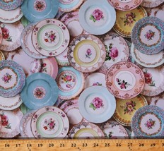 Cotton Tea Plates Tea Party Dishes Platters Fabric Print by the Yard D778.82 - £10.93 GBP