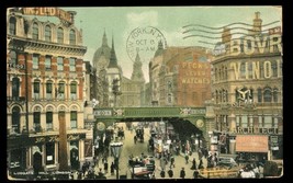 Vintage Postcard London Perf Cancel 1905 Ludgate Hill City Scene Pecks Watches - £11.86 GBP