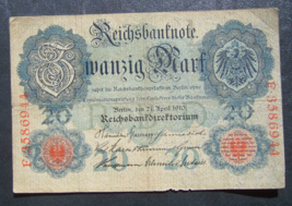 Germany German Empire 20 Mark 1910 7 digit # Ser. F 3586944 banknote - $10.35