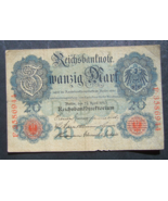 Germany German Empire 20 Mark 1910 7 digit # Ser. F 3586944 banknote - £8.29 GBP