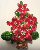 Christmas Poinsettia Tree Brooch Pin Beautiful Red Enamel And Rhinestone - £14.14 GBP