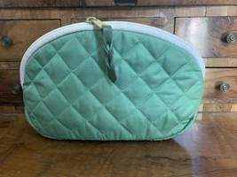 Green quilted soft fabric Cosmetic Bag leather inside zip top Made in CT, USA - £19.46 GBP