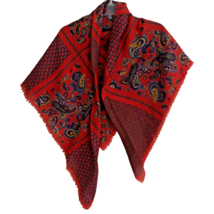 Wool Fringe Shawl Scarf Red Paisley 45&quot;x46&quot; Boho The Limited VTG 80s - $27.99