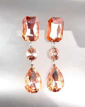 GLITZY Peach Czech Crystals LONG Bridal Pageant Prom Queen Earrings - £23.13 GBP