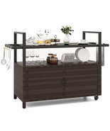 Outdoor Bar Cart Wicker Buffet Serving Cart with Cabinet and 8 Hooks-Bro... - €191,90 EUR