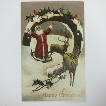 Christmas Postcard Santa Reindeer Sleigh Horseshoe Holly Berries Snow Antique - £15.70 GBP