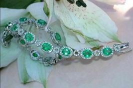 Simulated 925 Silver Gold Plated 12.20 CT Oval Cut Emerald Diamond Tiny Bracelet - £136.26 GBP