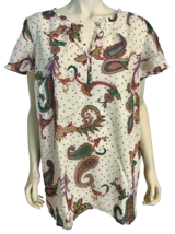 NWT Talbots Plus White, Pink, Yellow, Blue, Green Paisley V Neck Short Sl Top 3X - £37.96 GBP