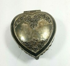 Heart Jewelry Trinket Box Lid Lined Red Velvet Ornate Silver Metal Roses Vintage - £16.78 GBP